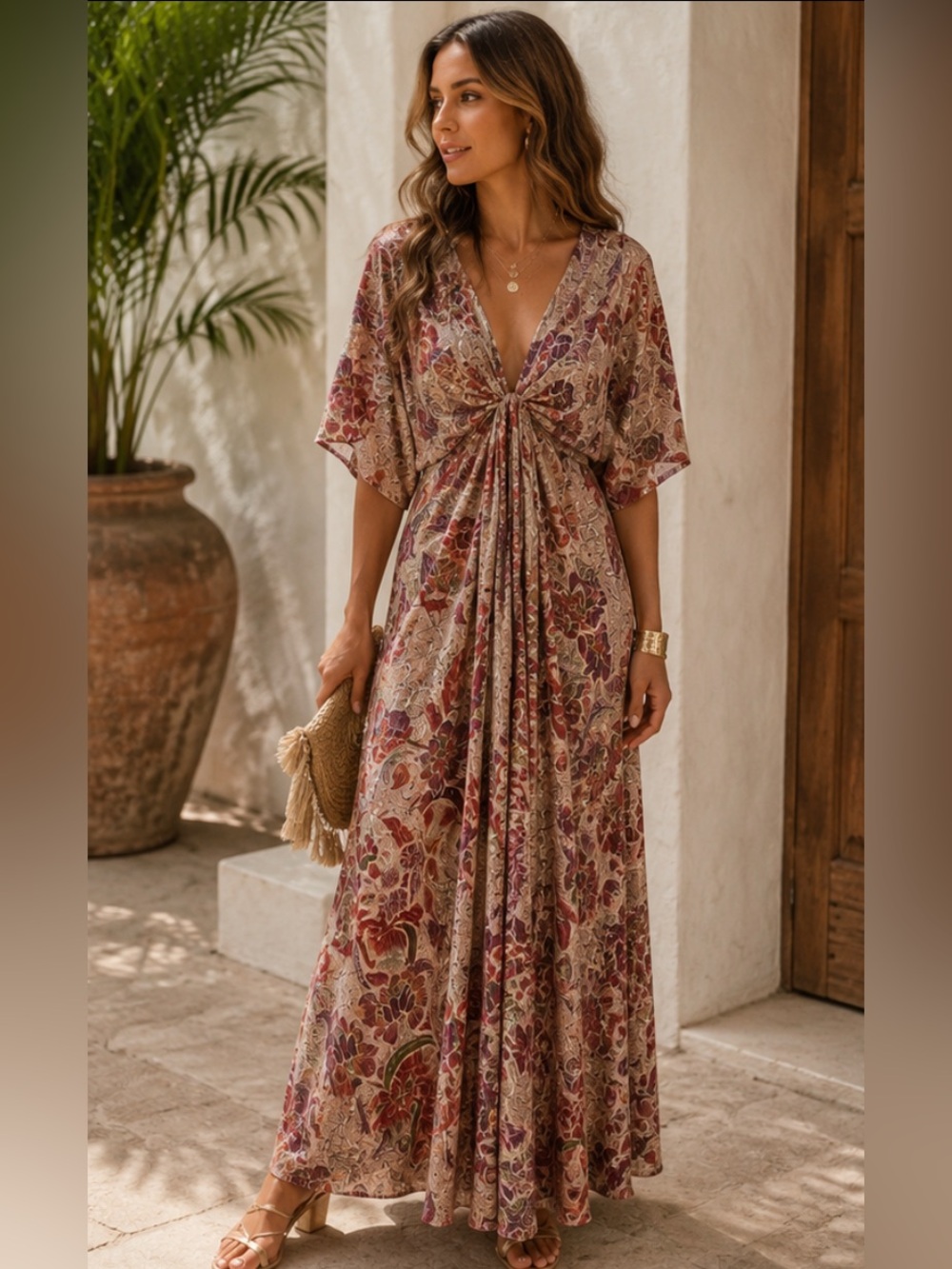 VICI Boho Floral Maxi Dress | Metallic Kimono Sleeve Resort Dress